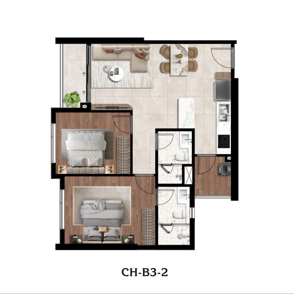 Layout căn hộ 2PN The Privé