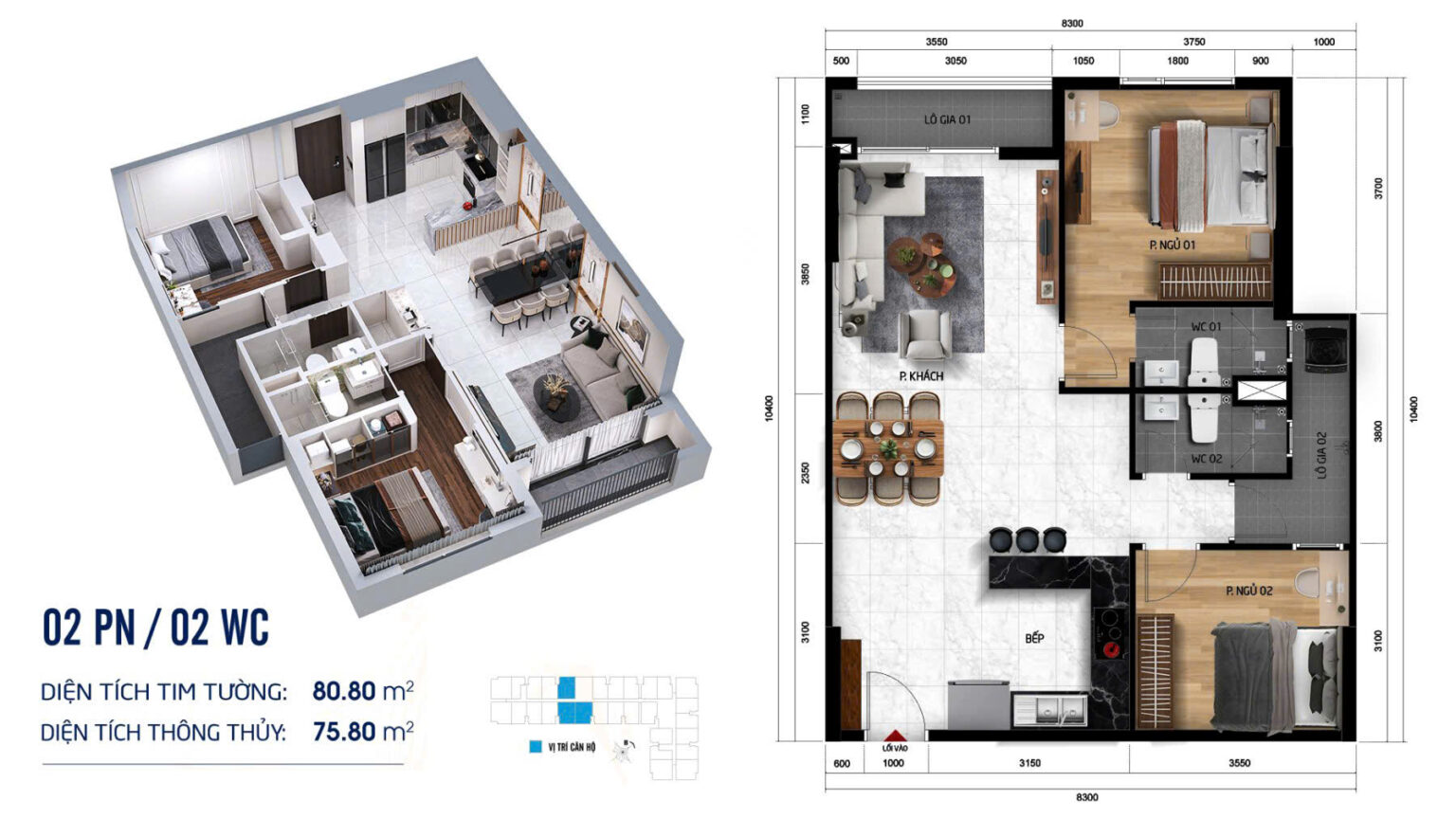 Căn hộ 2PN 2WC DT 80m2 dự án Symlife